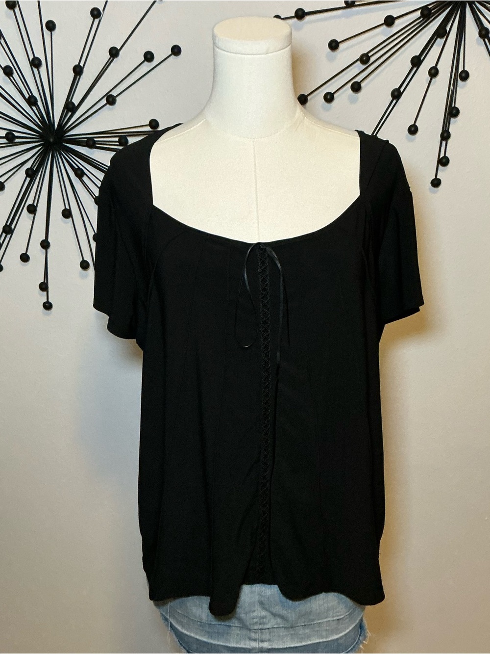 Susan Lawrence Black Tie Front Blouse 1X Plus Size Stretch Top